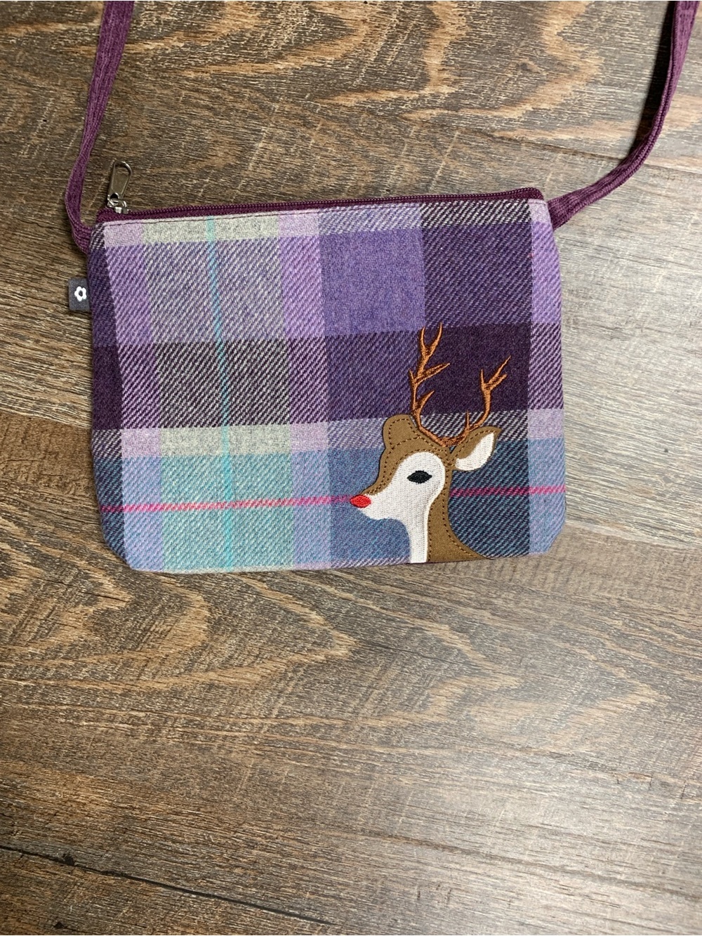 Plaid Crossbody Bag with Deer AppliquΓ© - Purple & Teal
